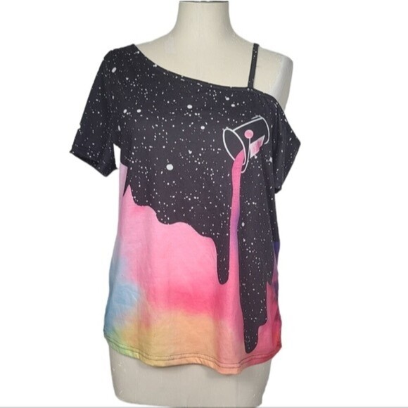 Shein Galaxy Paint Spill Short Sleeve Cold Shoulder Shirt 8/10 - Picture 1 of 9